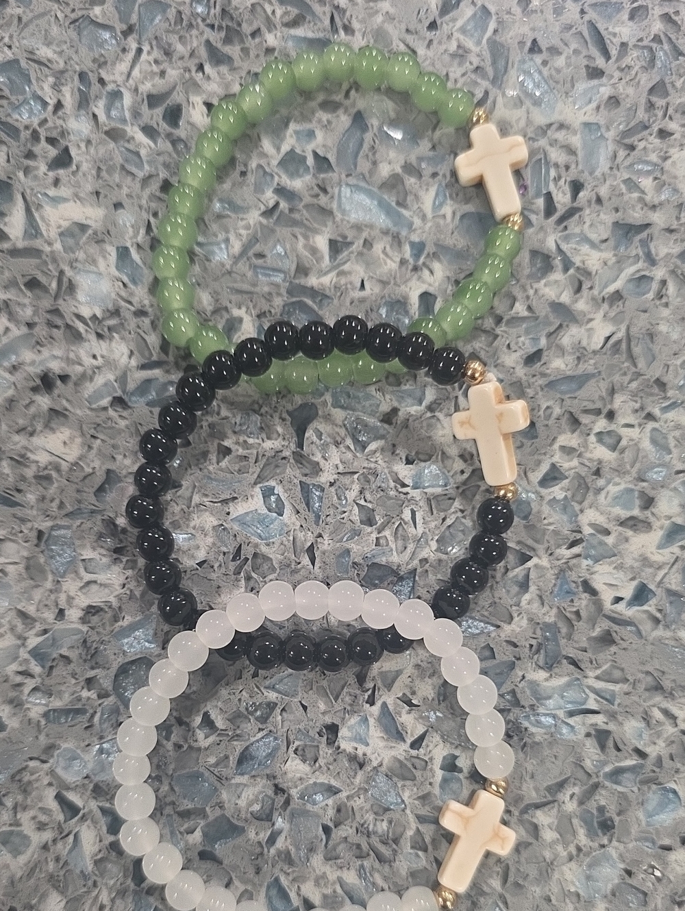 Beaded Cross Stretch Bracelet - Green, Black, White